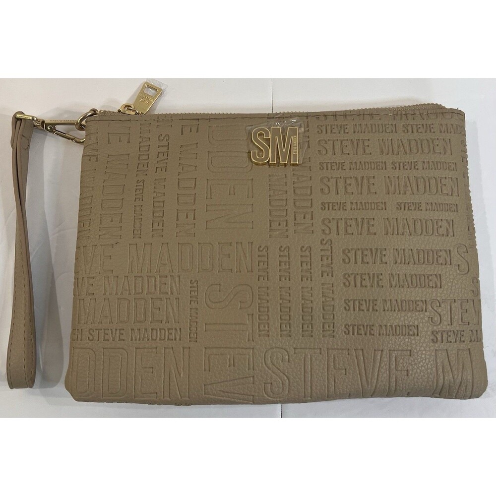 Steve Madden Women’s Taupe Logo Embossed Wristlet Clutch Gold Tone